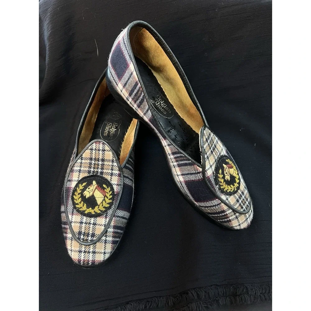 Belgian Shoes Slipper Loafers Women 6.5 Plaid Equestrian Horse Crest Flats